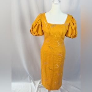100% Linen dress Alèmais size 4 puffy sleeves mustard color